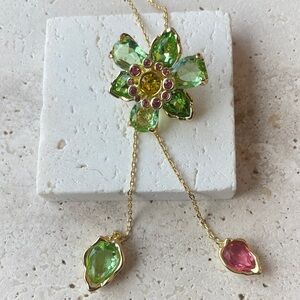 Swarovski Gold Necklace with Green and Pink Floral Design